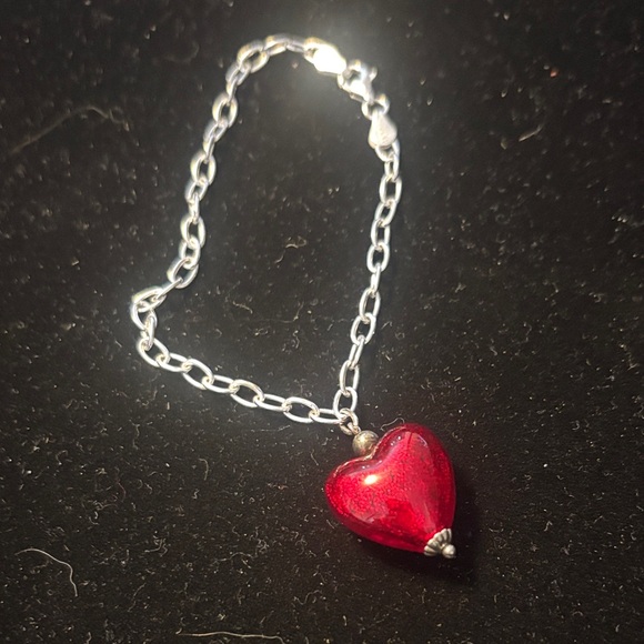 JCM Sterling Silver Chain Bracelet with Red Heart glass Pendant
